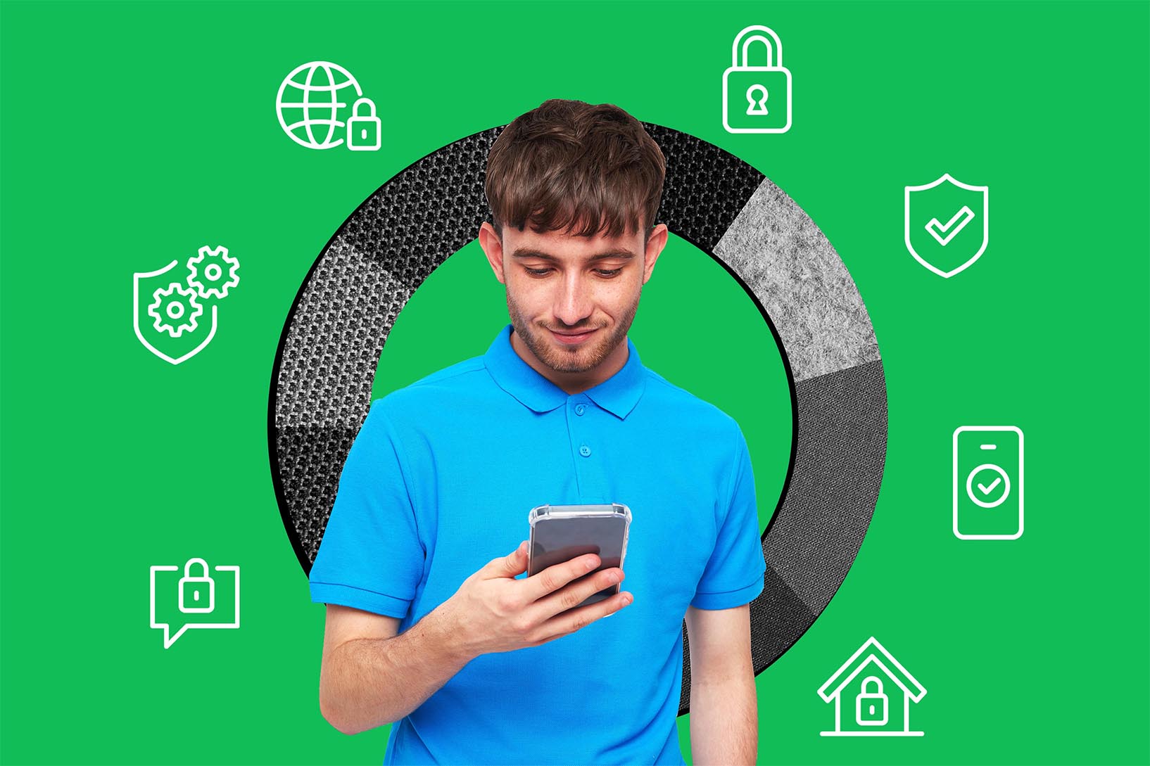 Man holding a phone with safe icons carousel behind him