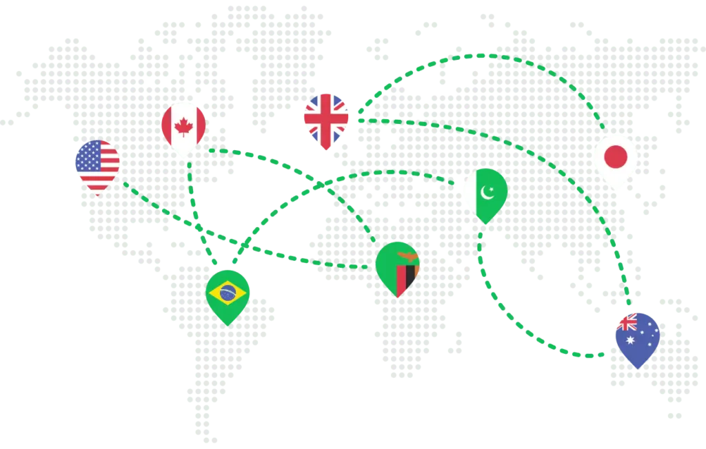 World Map showcasing Call.com calling worldwide with country flag pins